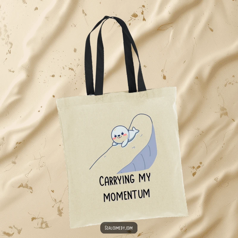 Funny tote bag showcasing a seal in mid-slide down a wet incline, emphasizing a sense of joyful motion and playfulness.
