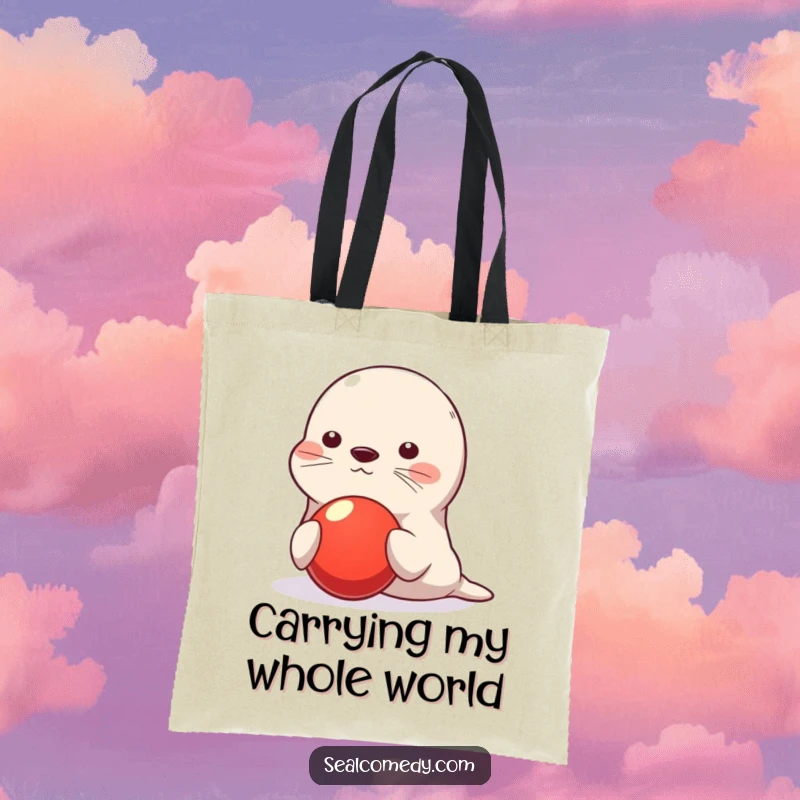 Funny seal tote bag, cute character balancing red ball on nose, playful humorous illustration, durable and stylish, ideal funny gift for shoppers.