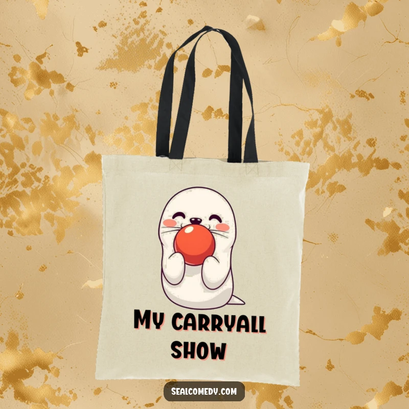 Funny seal tote bag featuring a cute character balancing a bright red ball on its nose. A humorous and practical accessory.