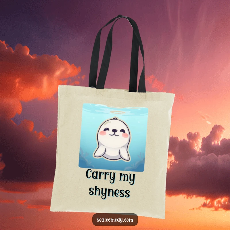 Funny Tote Bag: A seal with a shy smile peeks from underwater, a cute and humorous accessory.