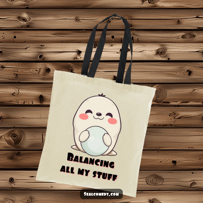 Funny smiling seal tote bag, depicting a happy seal balancing a ball on its nose, great for errands and a bit of wonder.