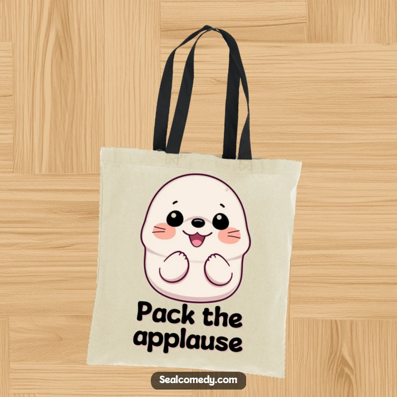 Funny Smiling Seal Tote Bag: A durable tote bag featuring a happy seal with its flippers clapping together in a gesture of pure glee.