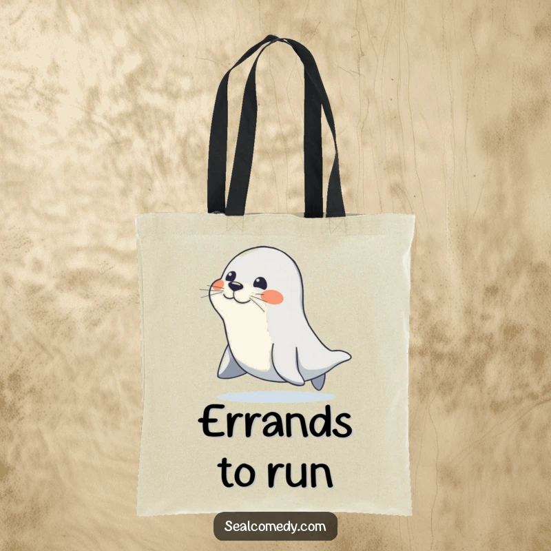 Funny tote bag depicting a seal waddling with a determined, happy gait, perfect for carrying your day's essentials with enthusiasm.