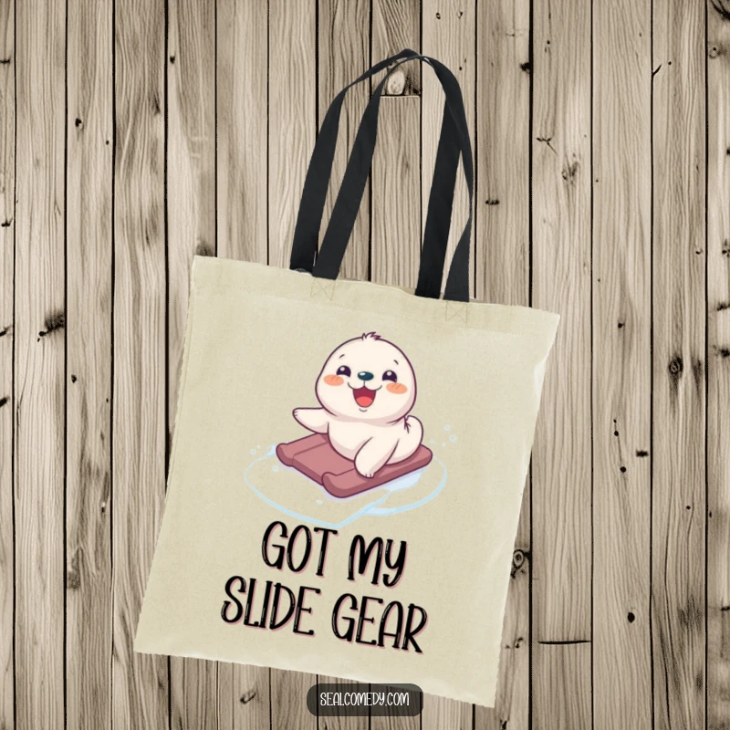 Funny delighted seal pup joyfully sliding on ice, depicted on a durable tote bag, ideal for everyday errands.