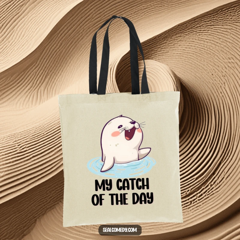 Funny seal tote bag with an eager seal surfacing and barking, ready for beach days and errands.