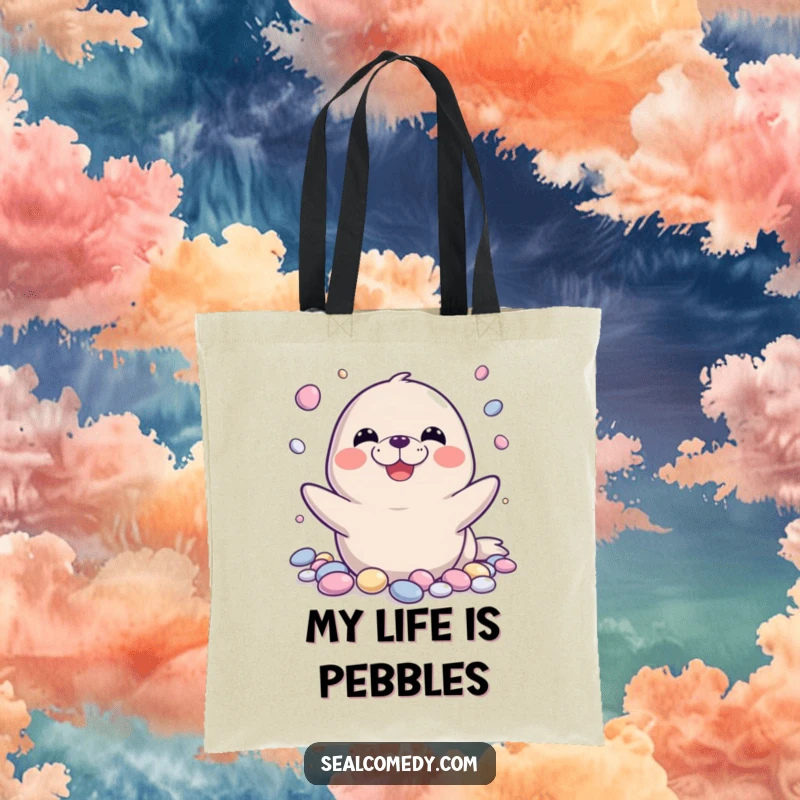 Funny seal tote bag featuring a gleeful seal juggling multiple shiny pebbles, showcasing a vibrant, humorous, and practical design.