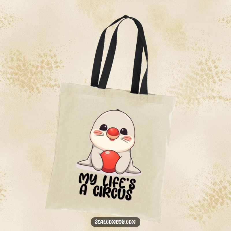 Funny seal tote bag with a happy sea creature balancing a bright red ball on its nose, perfect for carrying daily items.