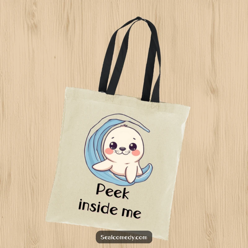 Funny seal tote bag featuring a curious sea creature peeking its head out from a wave, perfect for carrying daily items.