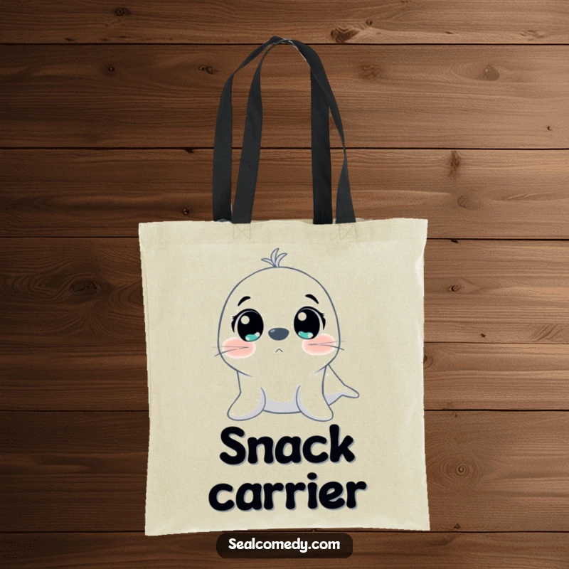 Funny tote bag depicting a seal with massive, excited eyes looking upwards, ready to hold your goodies with enthusiasm.