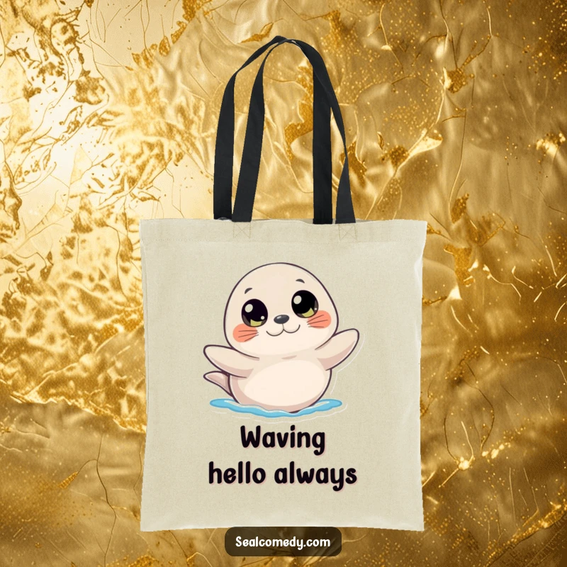 Funny tote bag showcasing a seal with huge, curious eyes, extending a flipper in a welcoming wave, highlighting inquisitiveness.